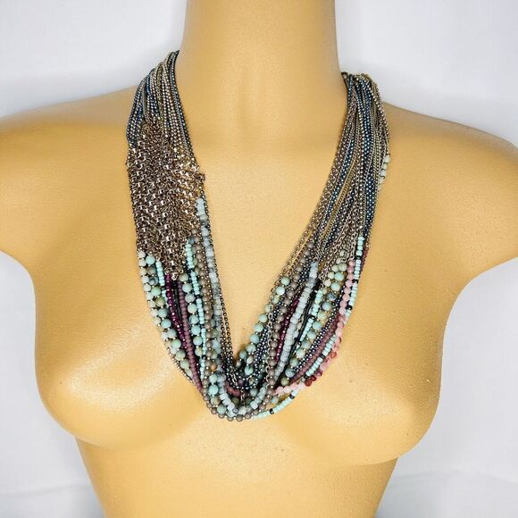 Stella & Dot Mae Statement Necklace Mesh Multi Strand Stone Silver RV$129 4765 - Picture 3 of 10